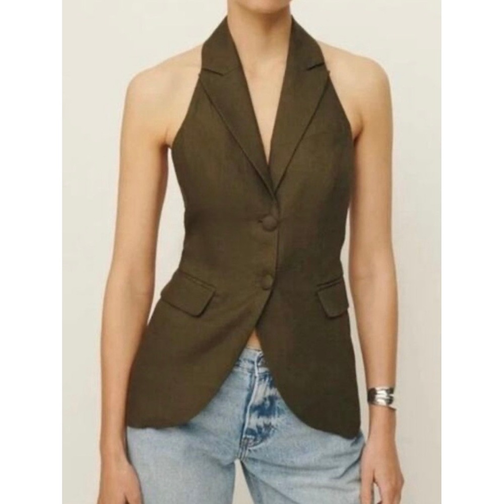 Reformation (replaced buttons) Brennan Linen Vest Green Halter Neck tank topS 6